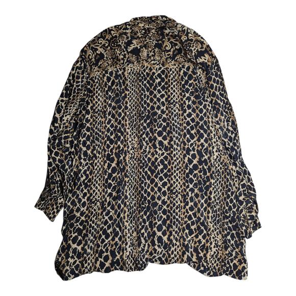 Vtg 1990s Elisabeth Black Tan Leopard Print 100% Silk Button Up Tunic Blouse 2X - Picture 2 of 4